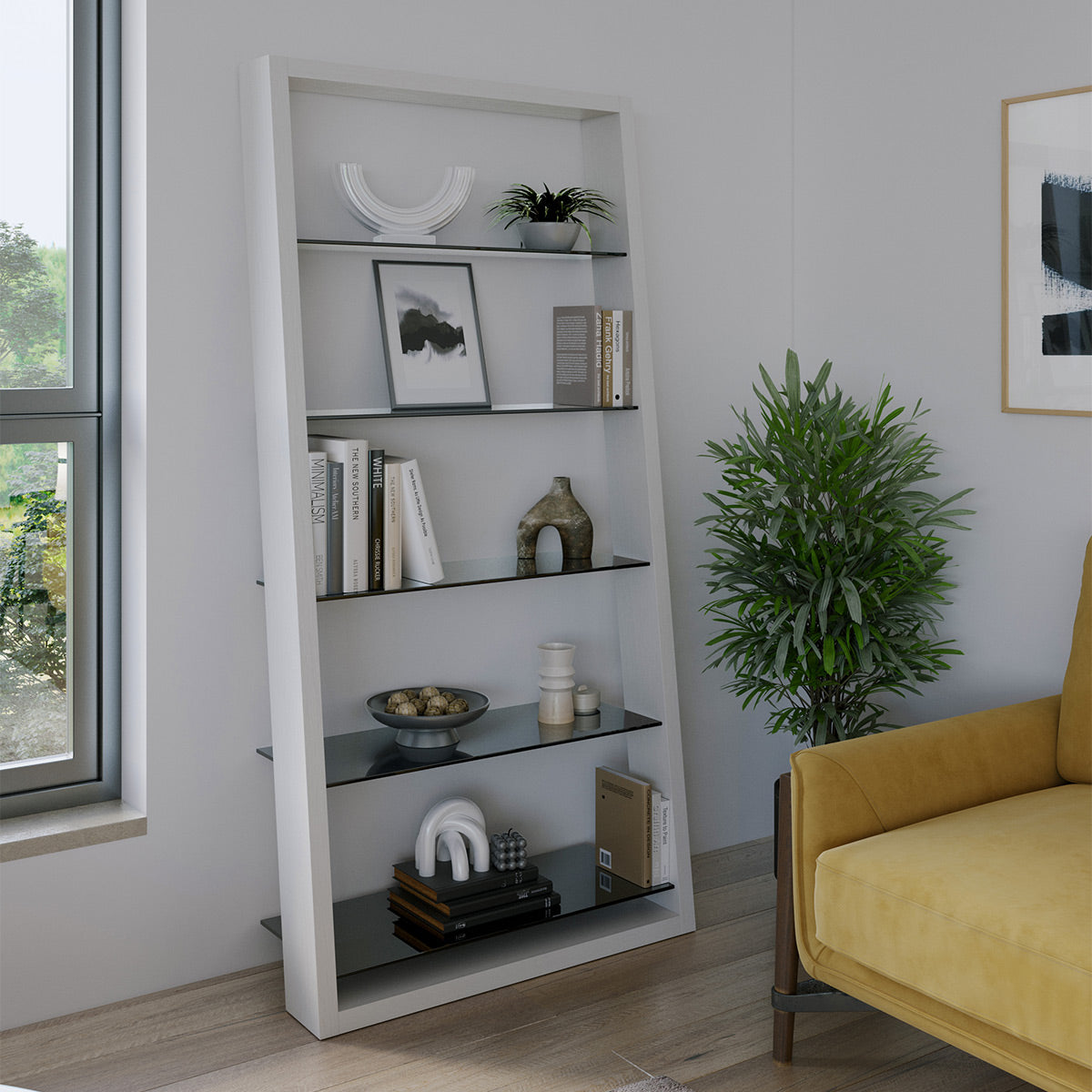 BDI Eileen 2.0 5166 Leaning Shelf with Grey-Tinted Glass Shelves (Satin White)