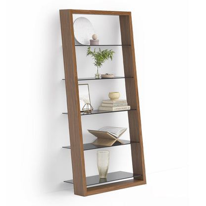 BDI Eileen 2.0 5166 Leaning Shelf with Grey-Tinted Glass Shelves (Natural Walnut)